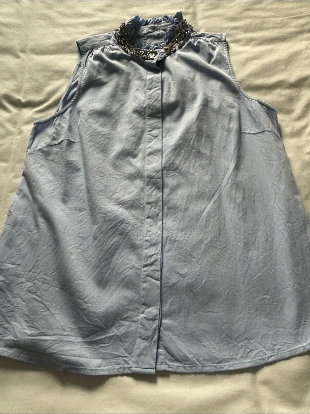 EUC! RARE! J.Crew Sleeveless Button-Down Shirt w/ Ruffle/Jewel Embellished Neck